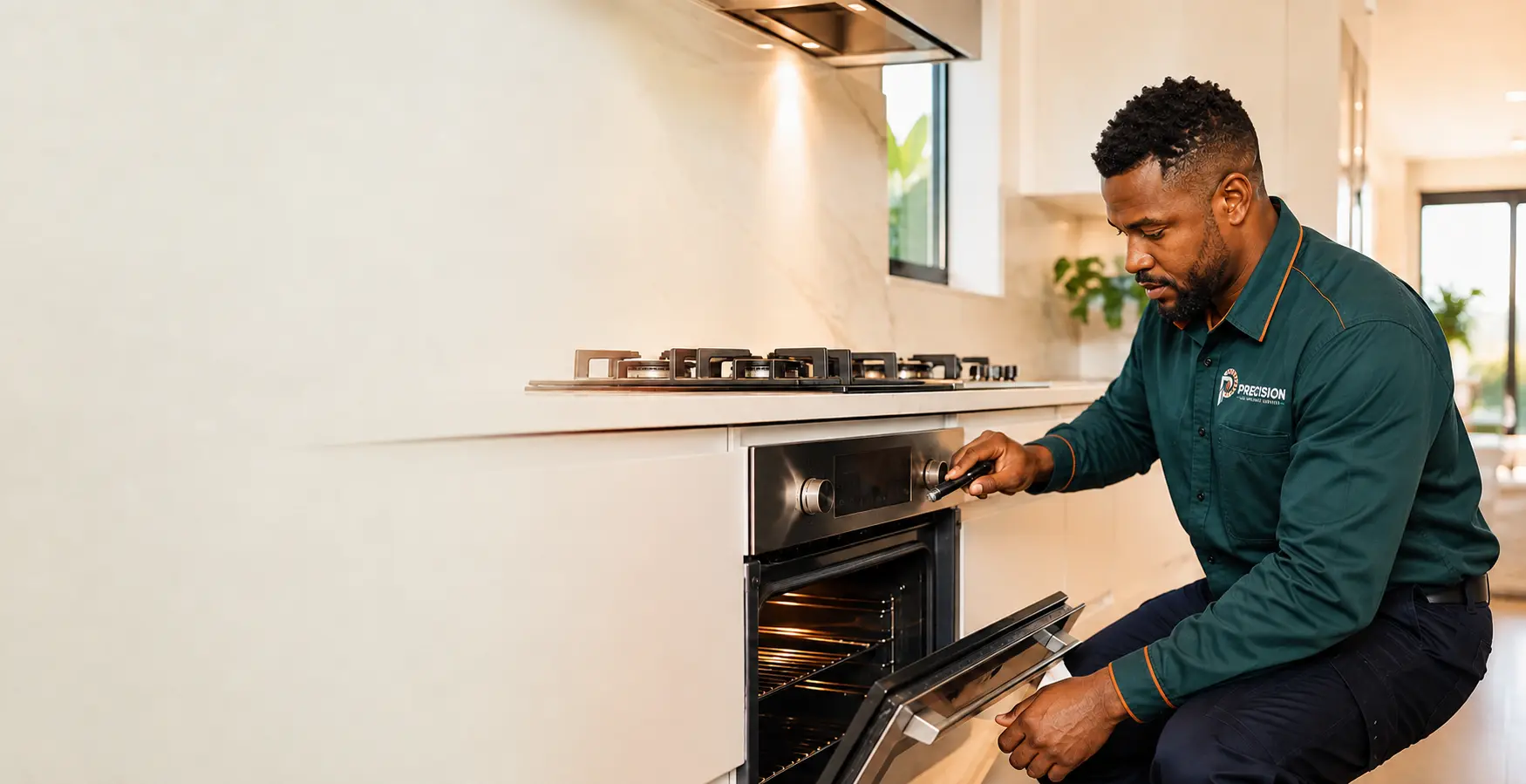 Precision Gas technician diagnosing a gas oven